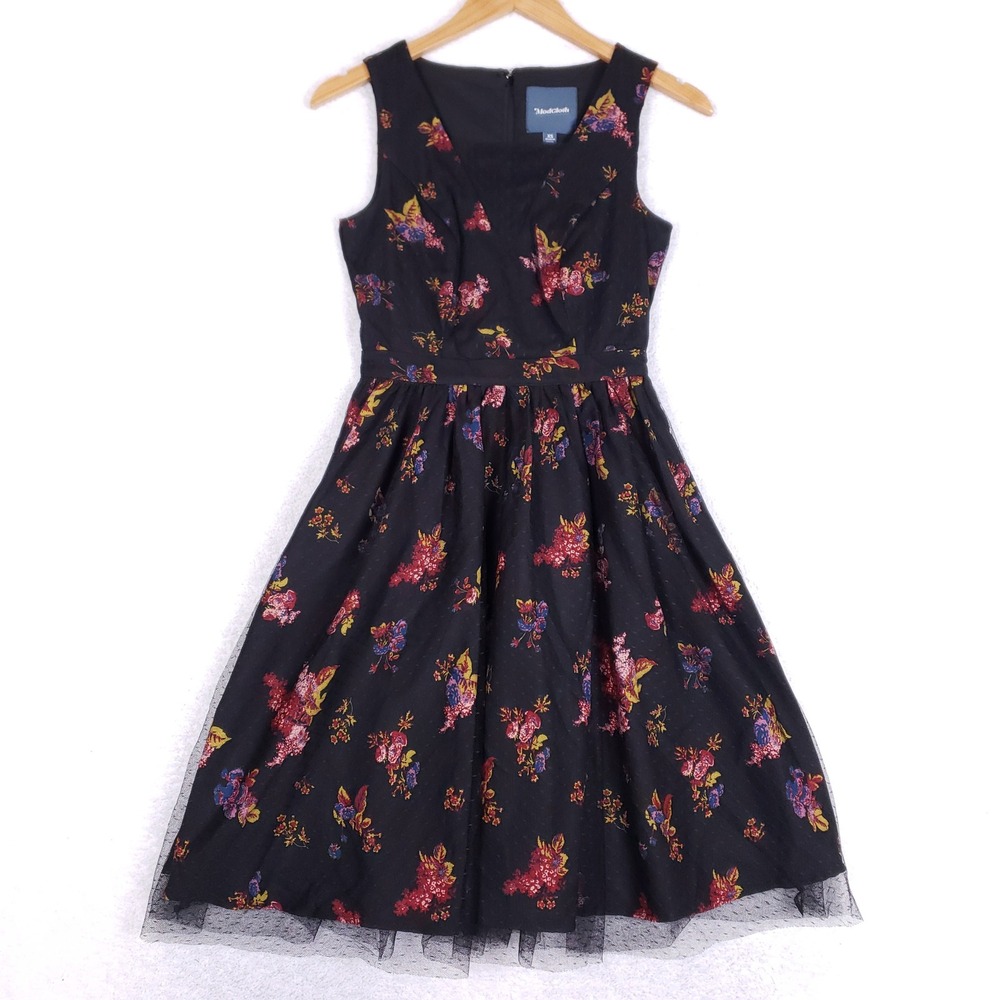 ModCloth Floral A Line Dress Womens XS‎ Sleeveless Tulle Hem Fit Flare Black